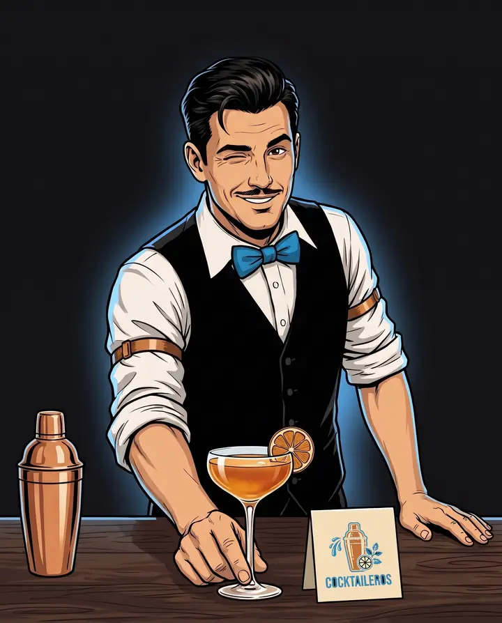 Zeichnung: ein Barkeeper mit blauer Fliege schiebt zwinkernd einen Cocktail über den Tresen, daneben ein Kupfer-Shaker und ein Aufsteller mit dem Cocktaileros-Logo