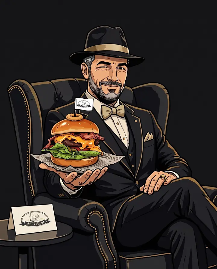 Zeichnung: Der Pate von Jim's Finest sitzt im schwarzen Ohrensessel und reicht einen Burger auf der flachen Hand, daneben eine Tischkarte mit dem Jim's-Finest-Logo