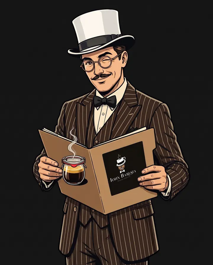 Zeichnung: ein Herr mit weißem Zylinder und Nickelbrille schlägt eine Akte mit dem John-Barista-Logo auf und hält einen Espresso im Weck-Glas