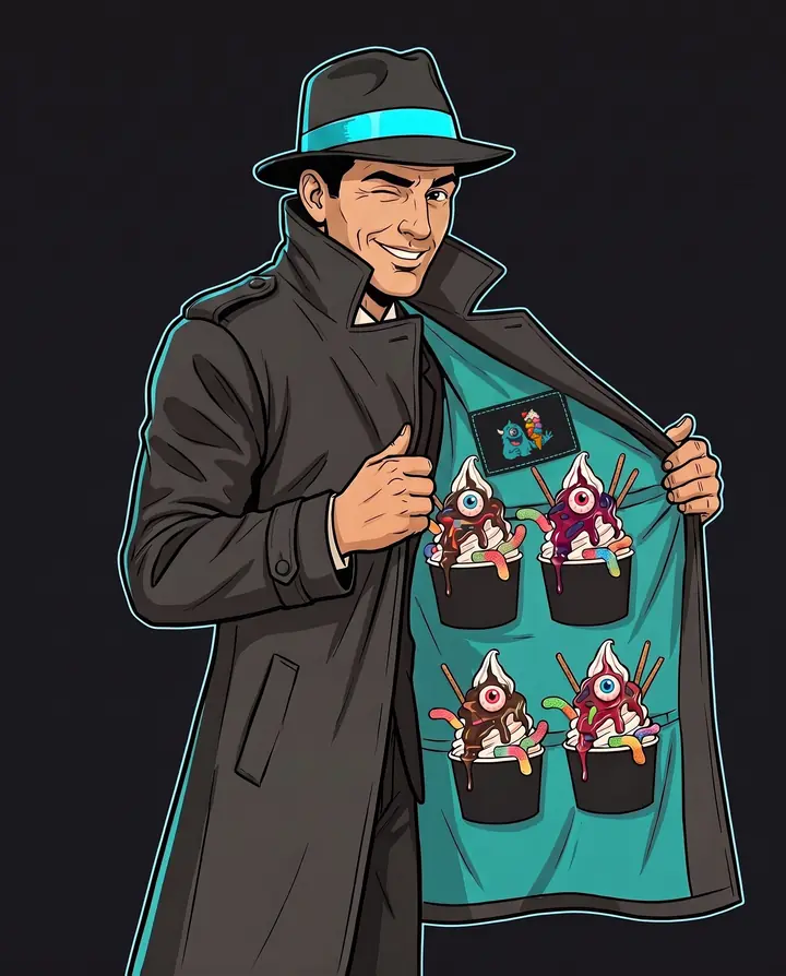 Zeichnung: ein Mann im Trenchcoat öffnet zwinkernd seinen Mantel, im türkisen Futter hängen vier Monster-Eis-Becher und ein Aufnäher mit dem Monster-Eis-Logo