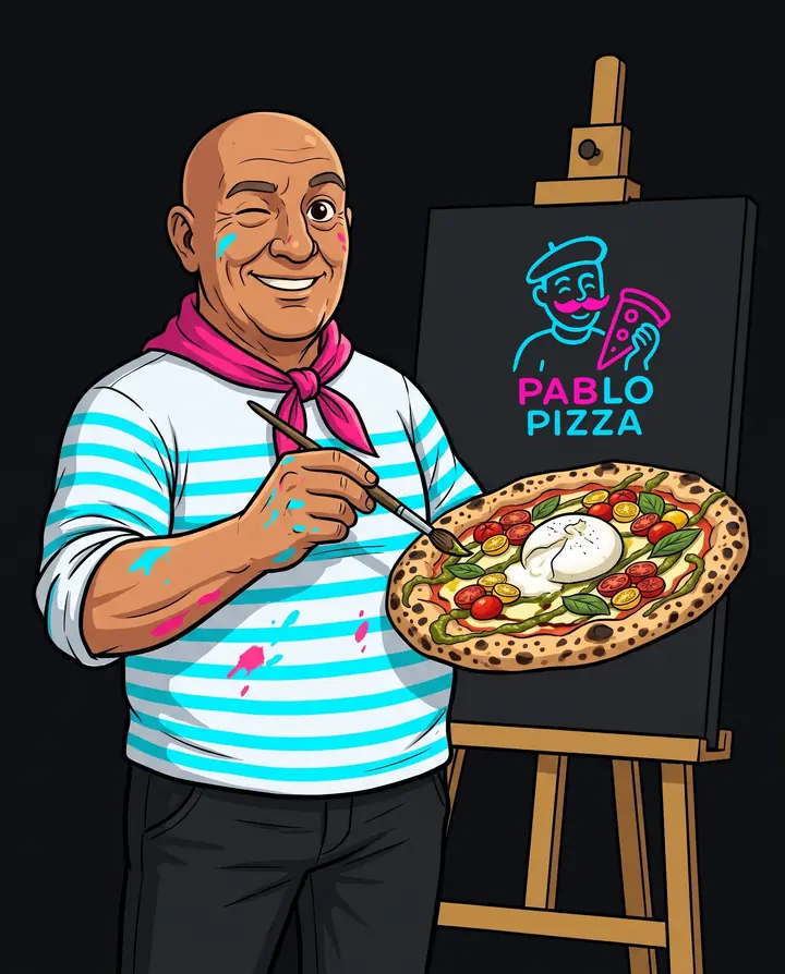 Zeichnung: ein glatzköpfiger älterer Herr im Ringelshirt hält eine Pizza wie eine Malerpalette und tupft mit dem Pinsel Pesto darauf, hinter ihm auf der Staffelei das Pablo-Pizza-Logo